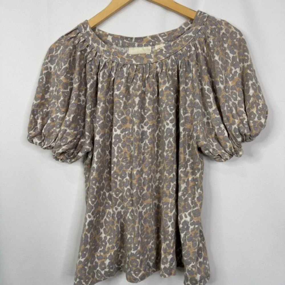 Maeve‎ Anthropologie Leopard Puff Sleeve 100% Linen Top Size S